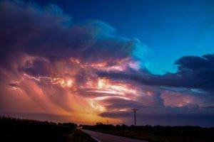 clouds, Road, Lightning