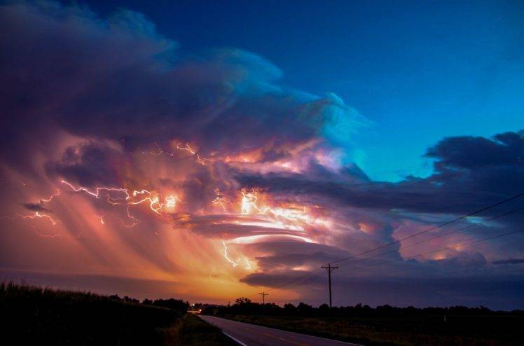 clouds, Road, Lightning HD Wallpaper Desktop Background