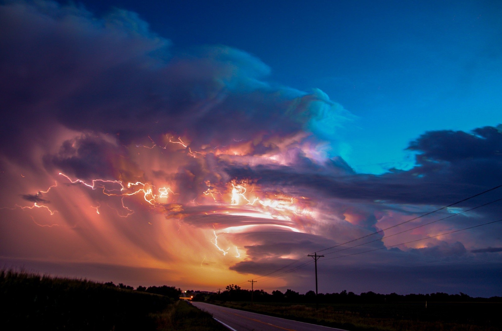 clouds, Road, Lightning Wallpaper