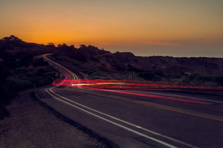 road, Light trails, Sunset HD Wallpaper Desktop Background