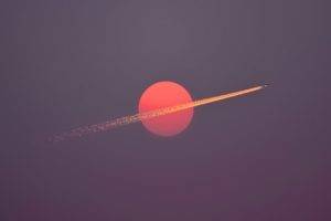 airplane, Aircraft, Red, Sun, Sunset, Sky, Minimalism, Contrails, Flying