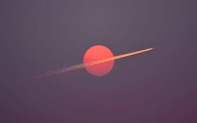 airplane, Aircraft, Red, Sun, Sunset, Sky, Minimalism, Contrails, Flying HD Wallpaper Desktop Background
