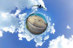 clouds, Beach, Airplane, Surreal, Panoramic sphere