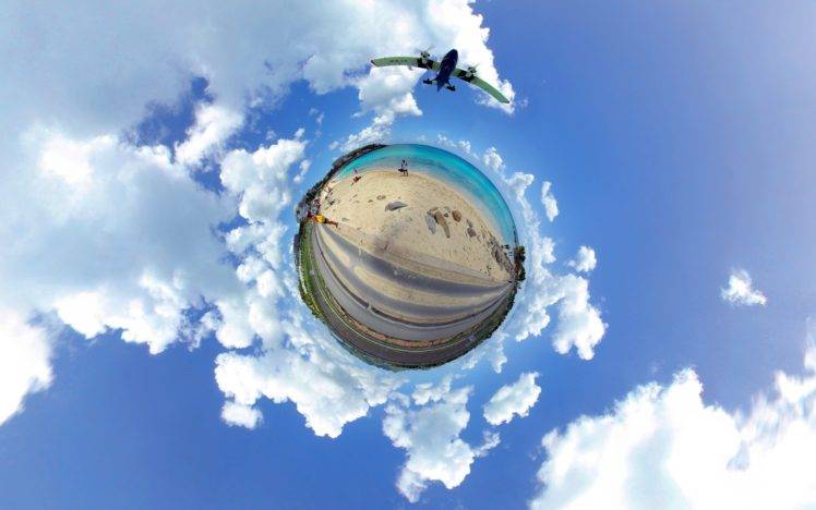 clouds, Beach, Airplane, Surreal, Panoramic sphere HD Wallpaper Desktop Background