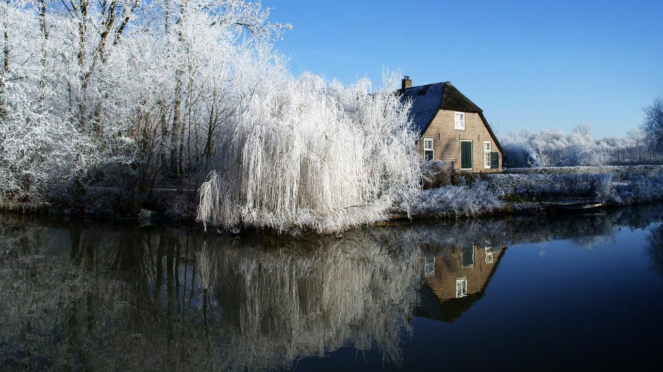 house, Water, Winter, Reflection Wallpaper