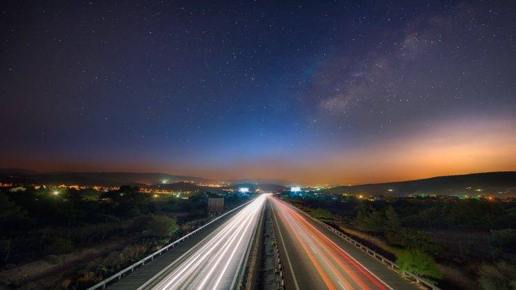 road, Sunset, Stars, Long exposure HD Wallpaper Desktop Background