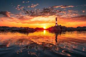 lighthouse, Water, Sunset, Clouds, Natural lighting, Photography