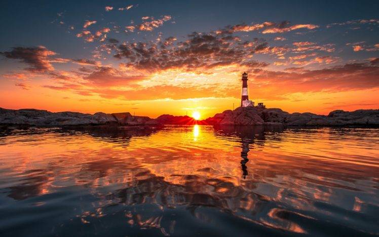 lighthouse, Water, Sunset, Clouds, Natural lighting, Photography HD Wallpaper Desktop Background