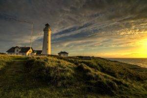 lighthouse, Water, Sunset, Grass, House, Photography, Flag, Clouds, Depth of field