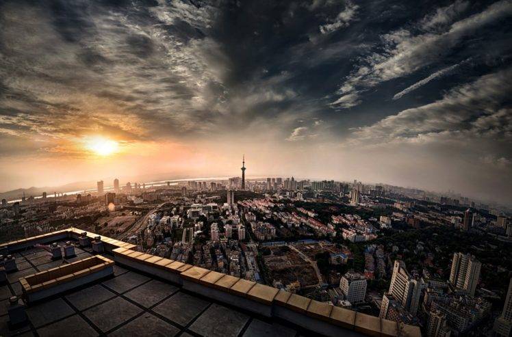 city, Cityscape, Sunset, Sky, Clouds, Rooftops, Building HD Wallpaper Desktop Background