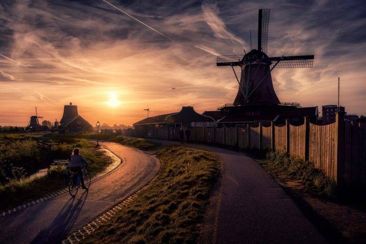 sunset, Windmills, Road, Fence, Path, Building, Clouds, Netherlands HD Wallpaper Desktop Background