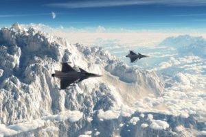 mountain, Snow, Winter, Jet fighter, JAS 39 Gripen