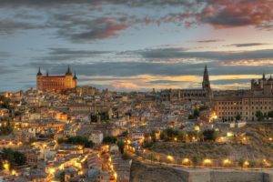architecture, Cityscape, City, Building, Old building, Street, Cathedral, Street light, Toledo, Spain, Castle, Clouds, Evening, Hill, Trees, House