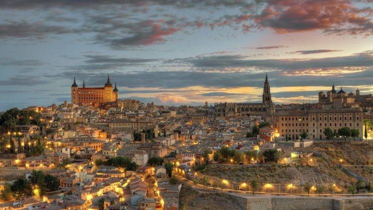 architecture, Cityscape, City, Building, Old building, Street, Cathedral, Street light, Toledo, Spain, Castle, Clouds, Evening, Hill, Trees, House HD Wallpaper Desktop Background