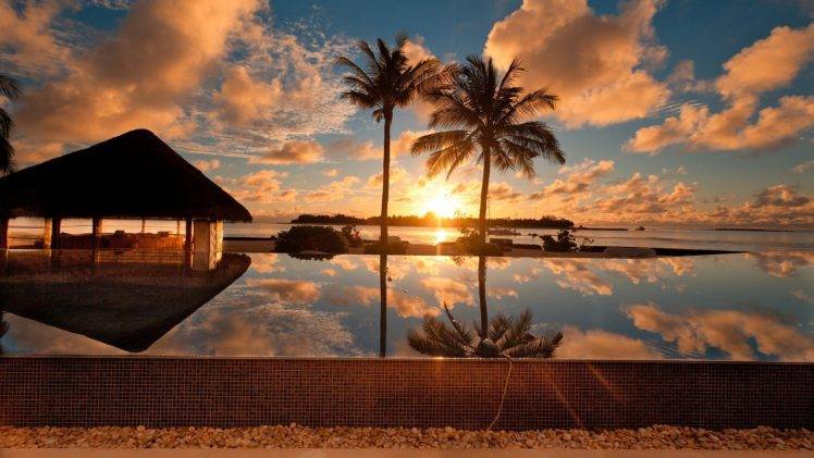 dusk, Water, Hut, Swimming pool, Sunset HD Wallpaper Desktop Background