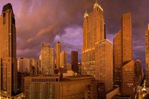 cityscape, Architecture, Building, City, Chicago, USA, Skyscraper, Street, Evening, Clouds, Lights
