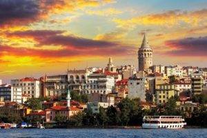 architecture, Cityscape, Istanbul, Turkey, Building, Tower, Ship, Sunset, Clouds, Old building, Trees, Water, Galata Kulesi, Galata