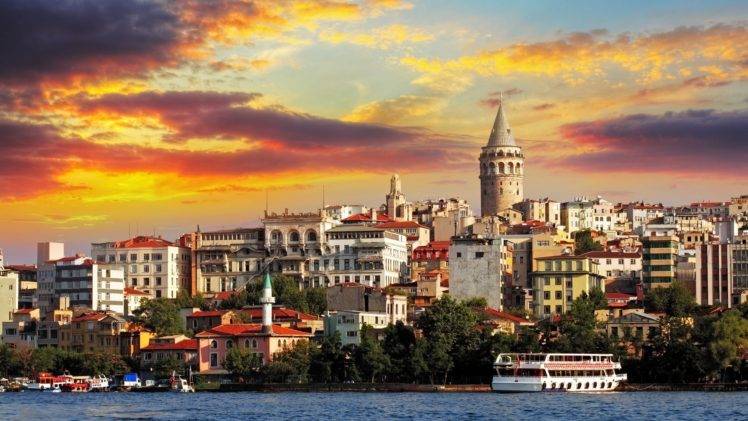 architecture, Cityscape, Istanbul, Turkey, Building, Tower, Ship, Sunset, Clouds, Old building, Trees, Water, Galata Kulesi, Galata HD Wallpaper Desktop Background