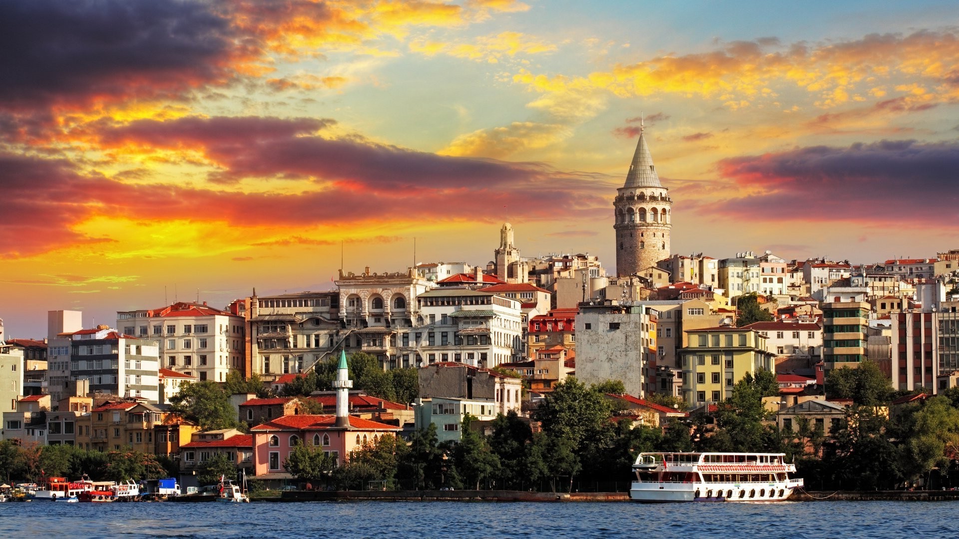 architecture, Cityscape, Istanbul, Turkey, Building, Tower, Ship, Sunset, Clouds, Old building, Trees, Water, Galata Kulesi, Galata Wallpaper