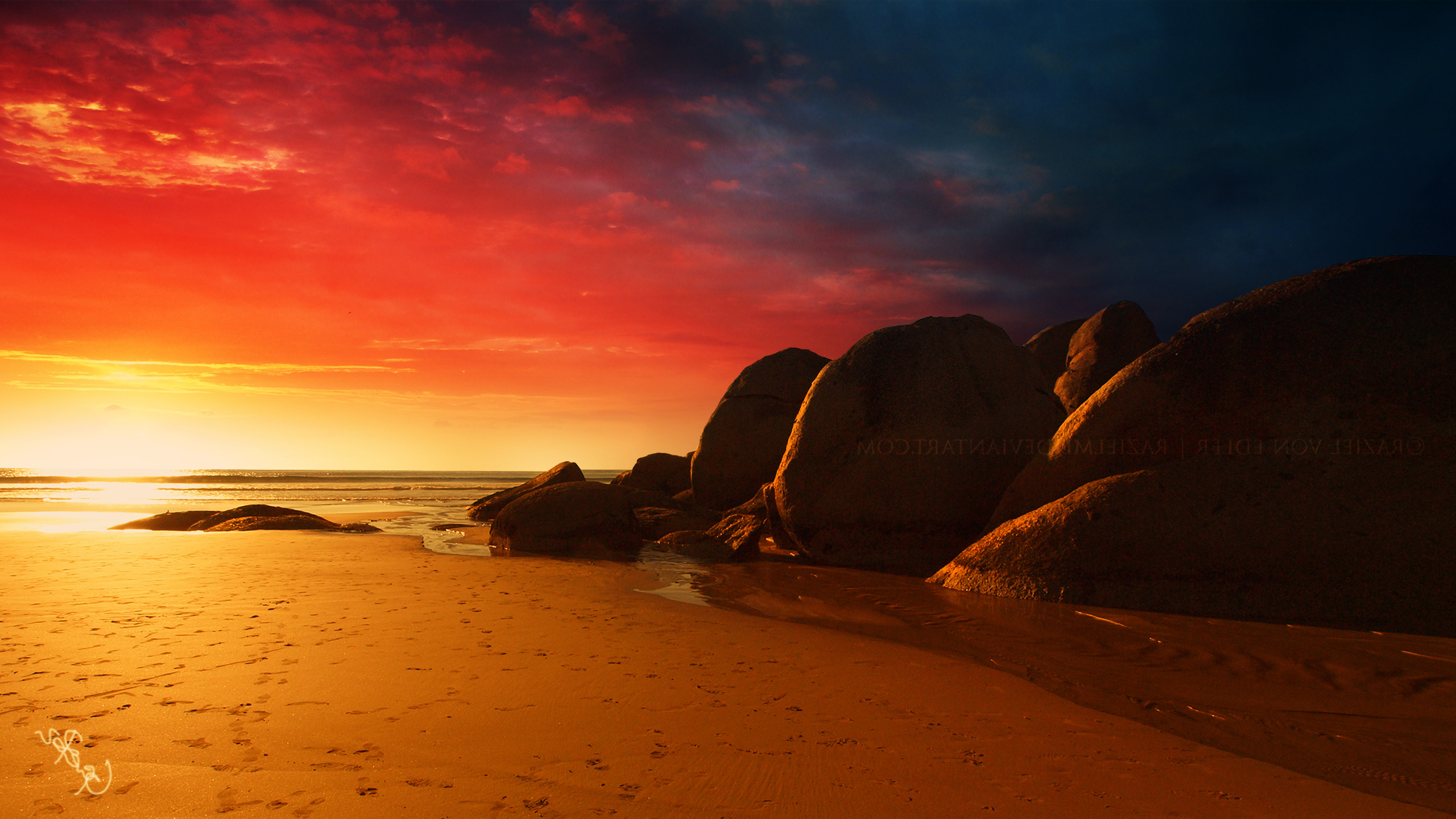 beach, Sand, Sunset, Sky, Rock Wallpaper