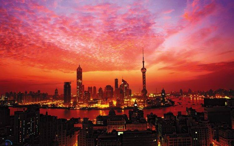 city, Town, Urban, Shanghai, Sunset, Skyscraper