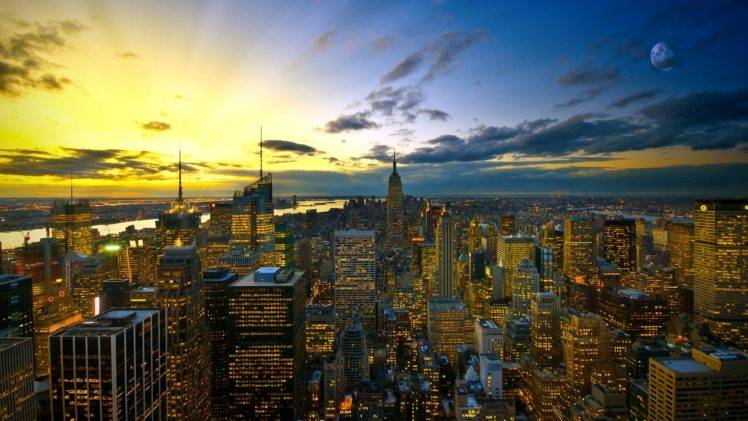 city, Urban, New York City, Sunset, Cityscape, Lights HD Wallpaper Desktop Background