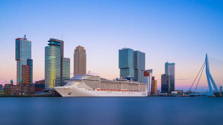 cityscape, Ship, Cruise ship, Bridge, Rotterdam, Netherlands, Sea, Skyscraper, Long exposure HD Wallpaper Desktop Background