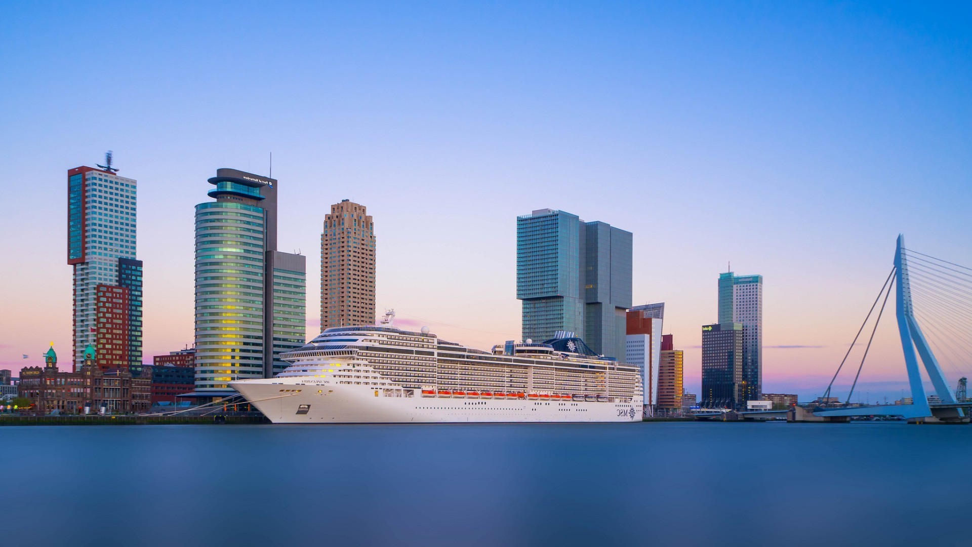 cityscape, Ship, Cruise ship, Bridge, Rotterdam, Netherlands, Sea, Skyscraper, Long exposure Wallpaper