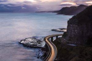 highway, Motion blur, Long exposure, Mountain, Bridge, Sunset, Sea