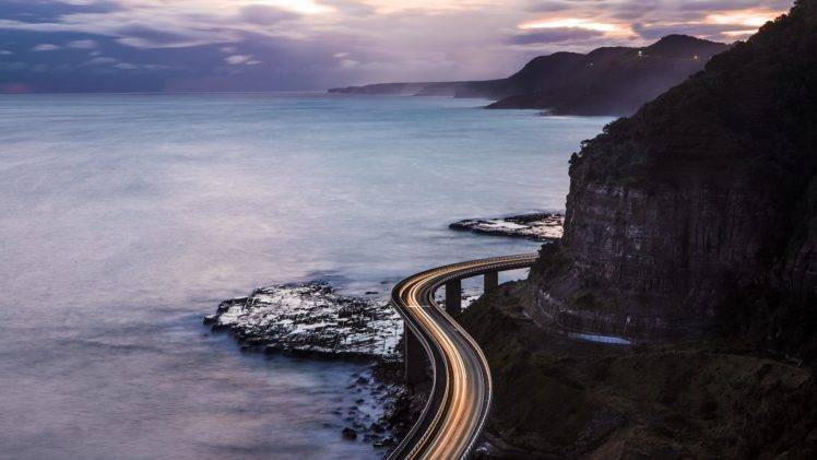 highway, Motion blur, Long exposure, Mountain, Bridge, Sunset, Sea HD Wallpaper Desktop Background