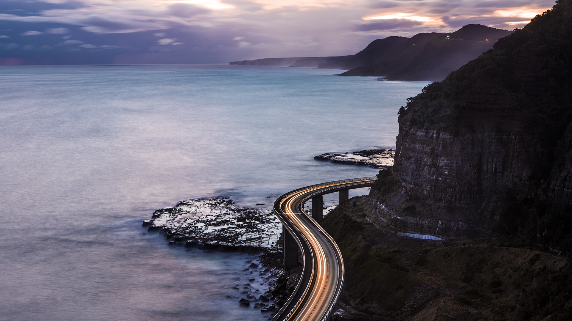 highway, Motion blur, Long exposure, Mountain, Bridge, Sunset, Sea Wallpaper