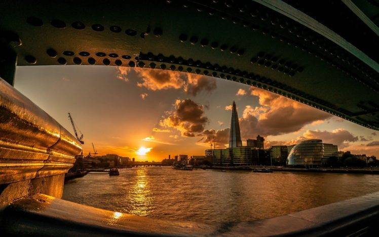 city, Cityscape, London, London Bridge, Bridge, Sunset, Skyscraper, Fisheye lens, England HD Wallpaper Desktop Background