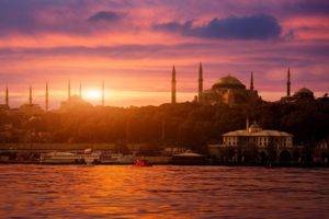 city, Cityscape, Istanbul, Turkey, Sultan Ahmed Mosque, Hagia Sophia, Sea, Bosphorus, Sunset, Ship, Architecture, Islamic architecture