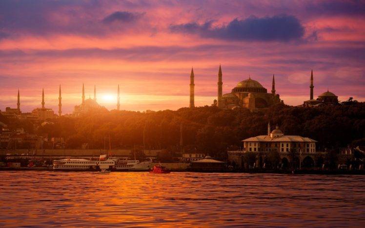 city, Cityscape, Istanbul, Turkey, Sultan Ahmed Mosque, Hagia Sophia, Sea, Bosphorus, Sunset, Ship, Architecture, Islamic architecture HD Wallpaper Desktop Background