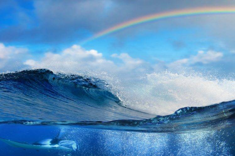 sea, Water, Underwater, Waves, Split view, Rainbows HD Wallpaper Desktop Background