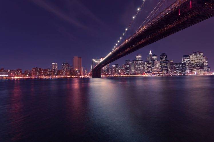 night, Sky, Bridge, Lights, Water, City, Cityscape HD Wallpaper Desktop Background