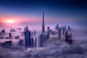 cityscape, Burj Khalifa, Dubai, City, Sunrise, Mist, Skyscraper, Building, Long exposure, Tower, Clouds, Sky