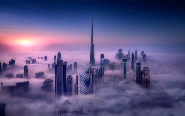 cityscape, Burj Khalifa, Dubai, City, Sunrise, Mist, Skyscraper, Building, Long exposure, Tower, Clouds, Sky HD Wallpaper Desktop Background