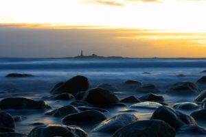 rock, Sea, Beach, Lighthouse, Sunset