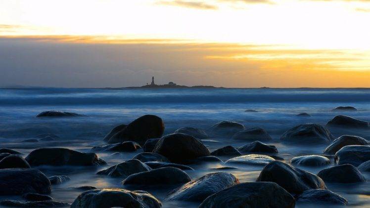 rock, Sea, Beach, Lighthouse, Sunset HD Wallpaper Desktop Background