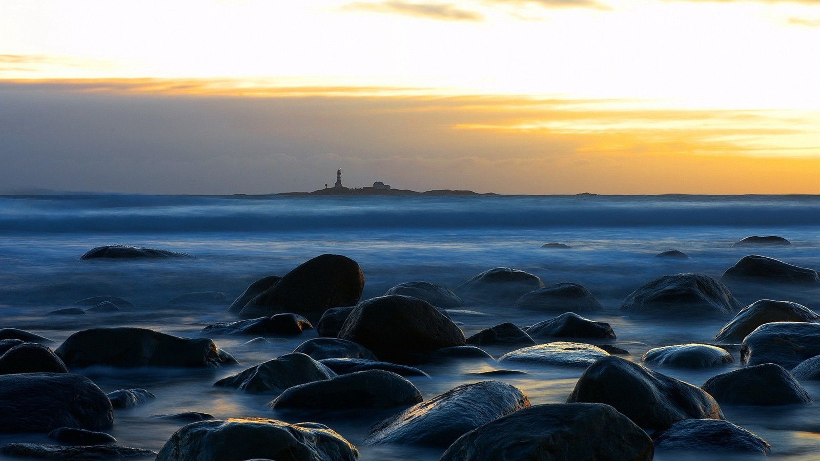 rock, Sea, Beach, Lighthouse, Sunset Wallpaper