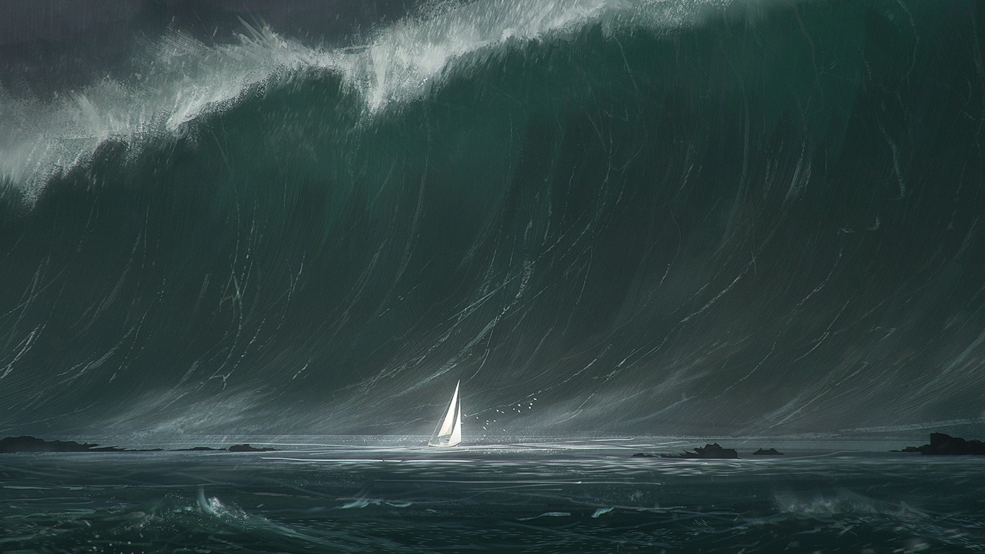 water, Waves, Tsunami, Sailboats Wallpaper
