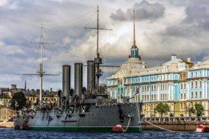 ship, Clouds, Water, Aurora, St. Petersburg, Russia, Building, Shipyard, Chains, Flag, City, Cruise ship, Battleships, Old building, Trees, Window, Leningrad