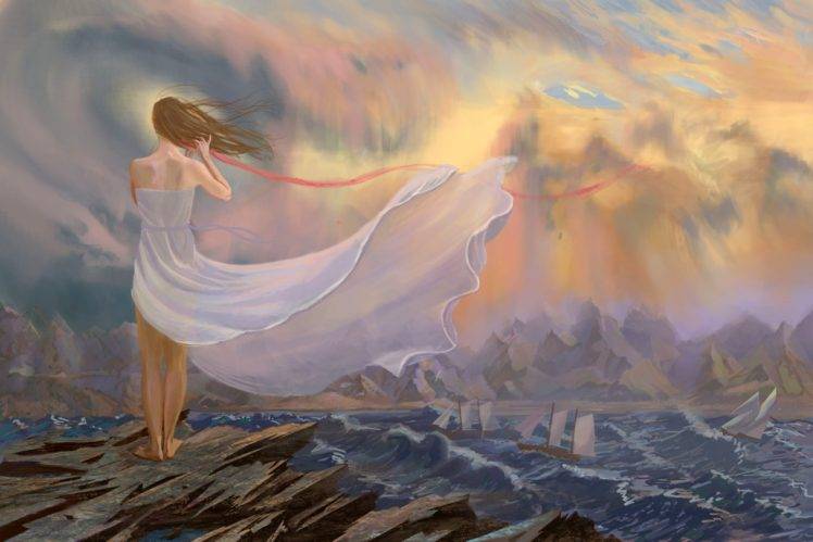 artwork, Women, Sea, Waves, Sailing ship, Wind, Clouds, Painting HD Wallpaper Desktop Background