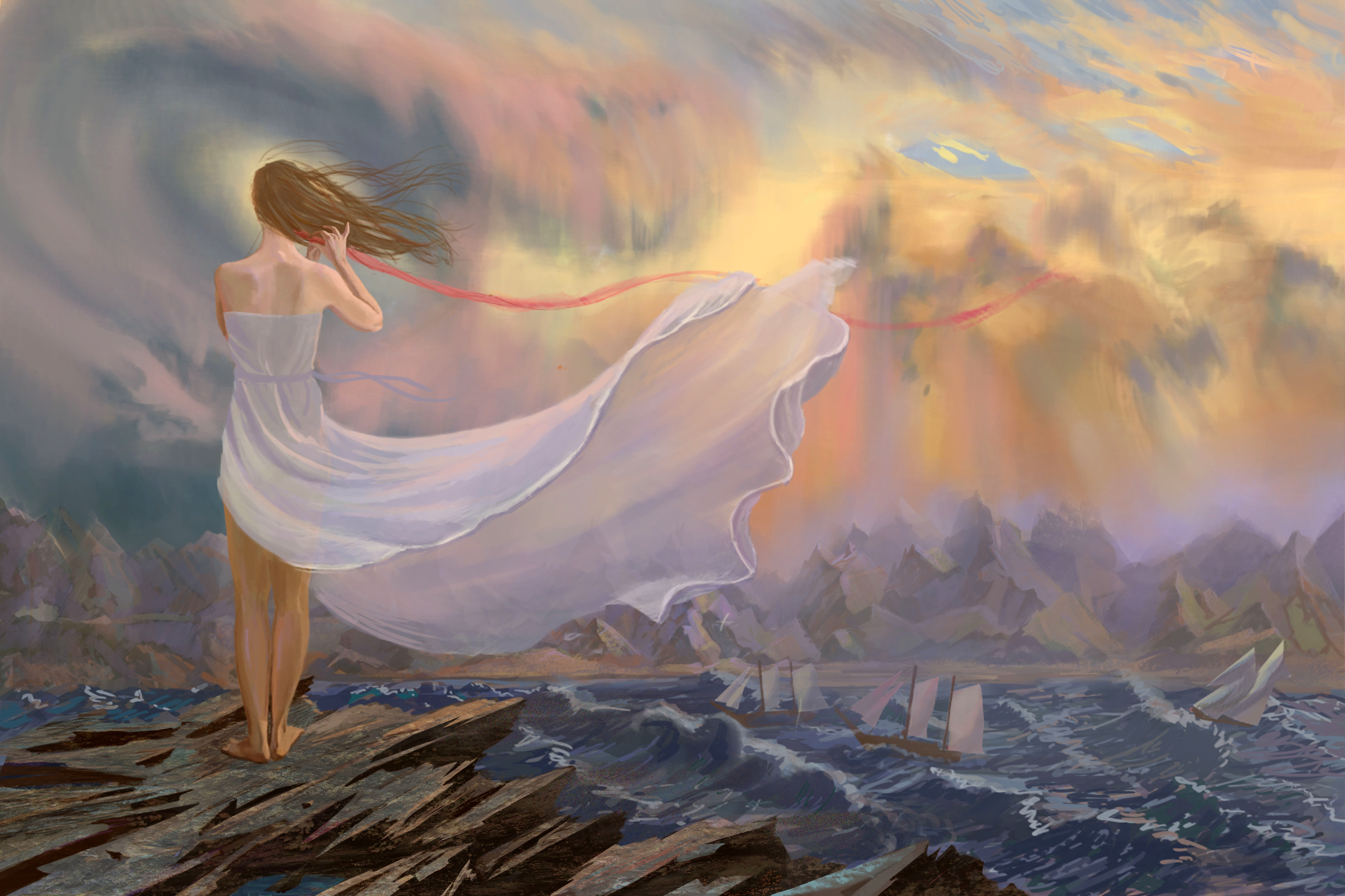 artwork Women Sea  Waves Sailing ship Wind Clouds 