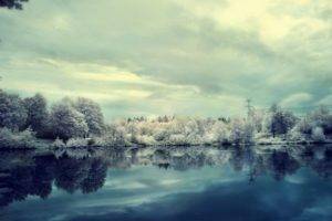 colorized photos, Winter, Lake, Trees