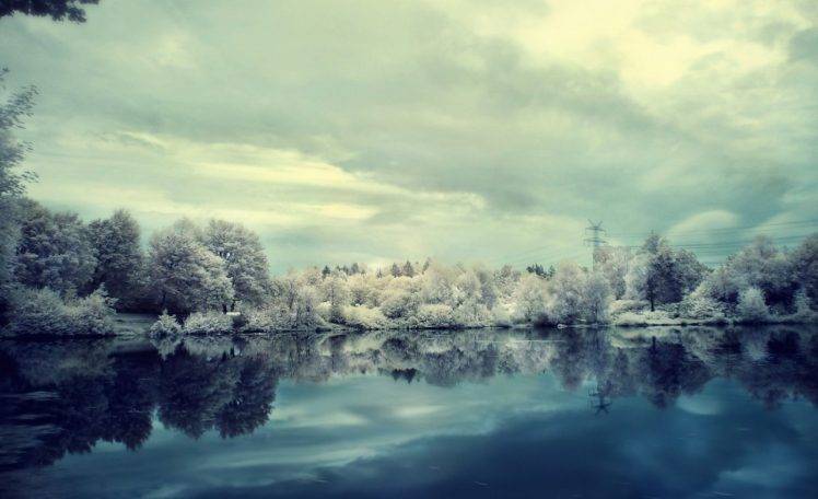 colorized photos, Winter, Lake, Trees HD Wallpaper Desktop Background