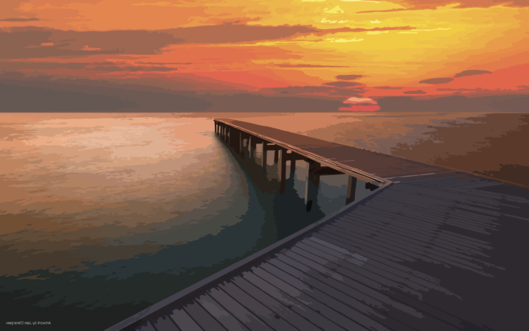 vectors, Pier, Sunset, Sea HD Wallpaper Desktop Background