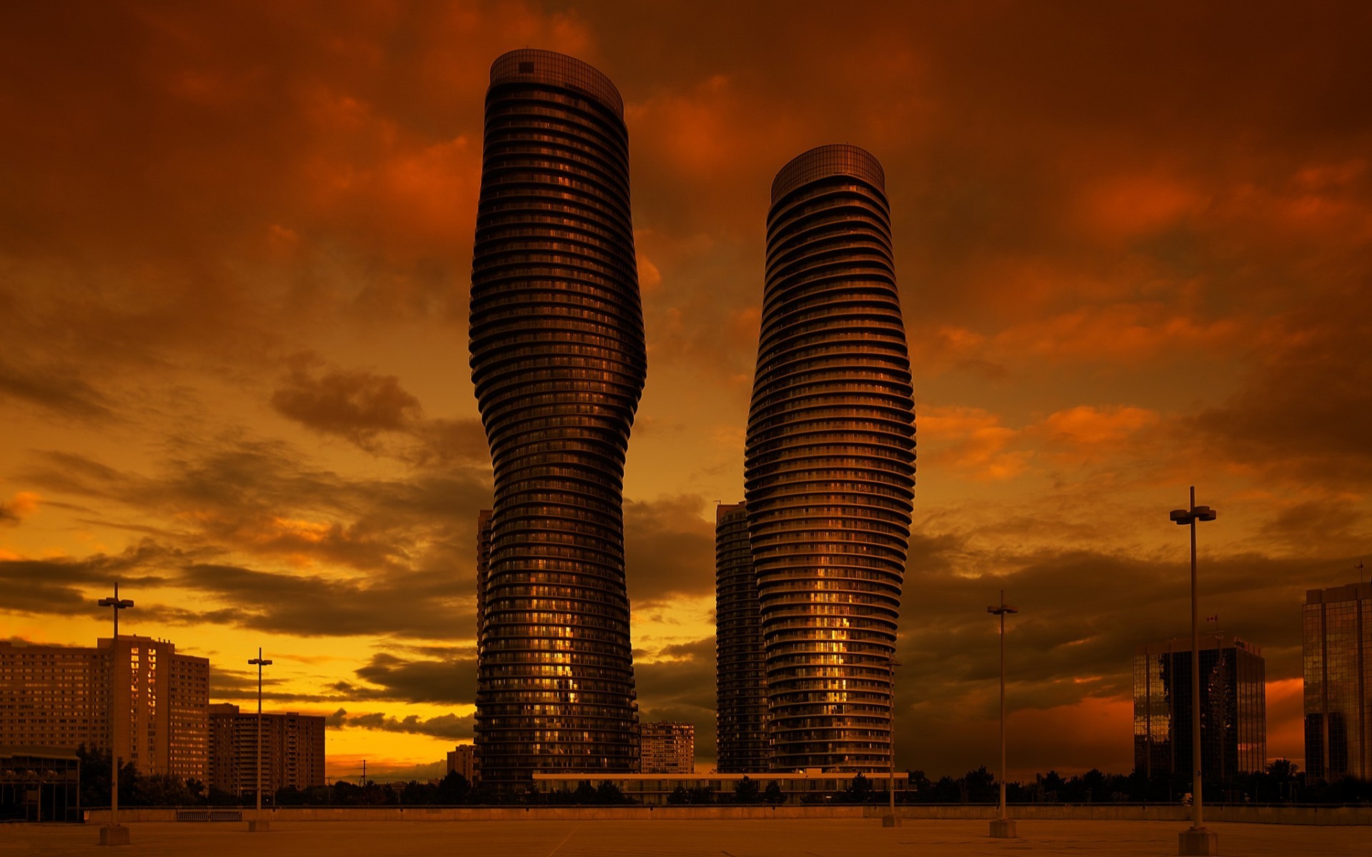 architecture, Cityscape, City, Skyscraper, Clouds, Modern, Ontario, Canada, Evening, Sunset, Building, Town square, Street light, Reflection, Window, Urban, Mississauga Wallpaper