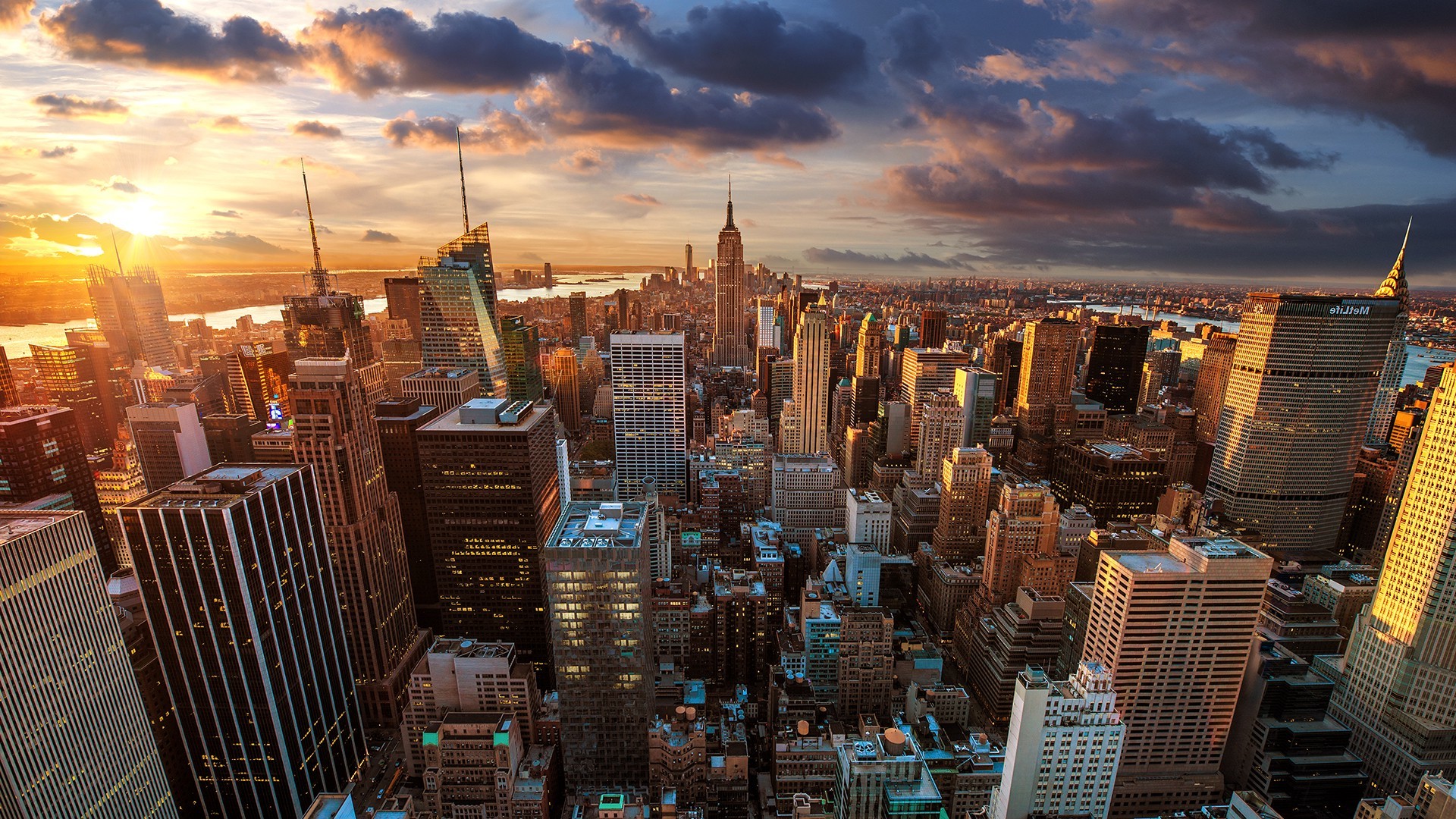 New York City, Sunset, City, Aerial view Wallpaper